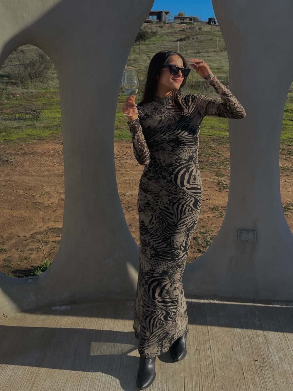 Brown Black Abstract Print Long Sleeve Maxi Dress- Size Small